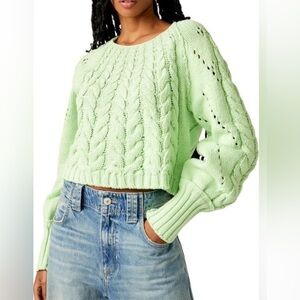 Free People Sandra mint green cable knit sweater Size XS slight crop oversized